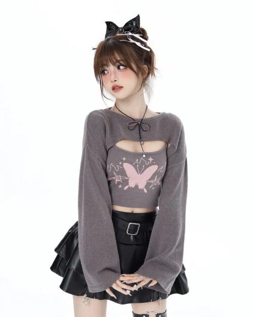 Butterfly Top Two Piece Set - Grunge Aesthetic, featuring a gray cropped sweater with a butterfly design and a black skirt.