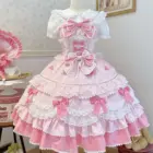 Pink Hime Lolita Dress featuring layered ruffles, ribbons, and lace details.