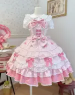 Pink Hime Lolita Dress featuring layered ruffles, ribbons, and lace details.