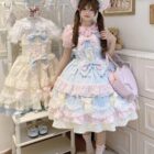 Model wearing a Frilly Ribbon Dress - Hime Lolita Dress, complete with hat and accessories.