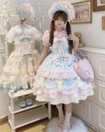 Model wearing a Frilly Ribbon Dress - Hime Lolita Dress, complete with hat and accessories.