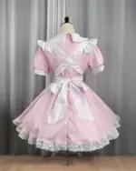 Pink Kawaii Maid Uniform Set with white trim, frills, and ribbon details. A classic design.