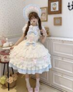 A woman wearing a Frilly Ribbon Dress - Hime Lolita Dress, with layered ruffles and a matching bonnet.