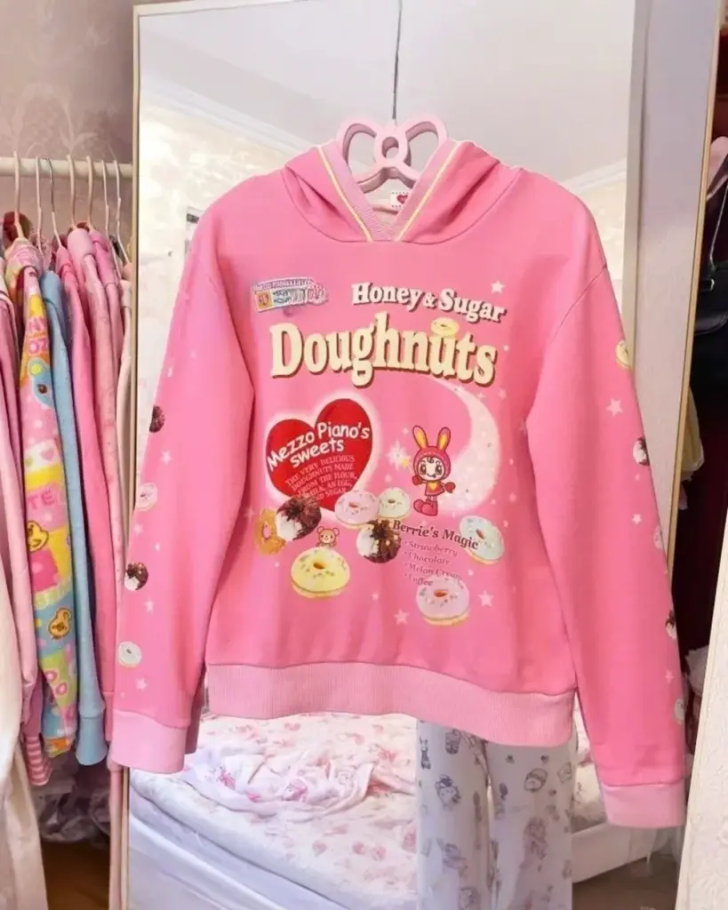 Pink Mezzo Piano Hoodie - Sweets Edition featuring donuts and a bear, detailed design.