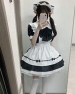 White and black Kawaii Maid Uniform Set, complete with headband and lace trim. Cute cosplay outfit.