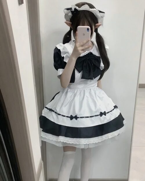 White and black Kawaii Maid Uniform Set, complete with headband and lace trim. Cute cosplay outfit.