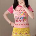 Mezzo Piano Strawberry T-Shirt featuring cute bunny and bear characters on a pink and yellow design.