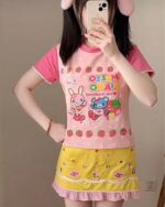 Mezzo Piano Strawberry T-Shirt featuring cute bunny and bear characters on a pink and yellow design.