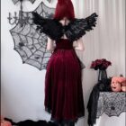 Dark Nun Dress in burgundy velvet, featuring lace trim and a gothic aesthetic. Romantic costume with black cape.