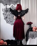 Dark Nun Dress in burgundy velvet, featuring lace trim and a gothic aesthetic. Romantic costume with black cape.