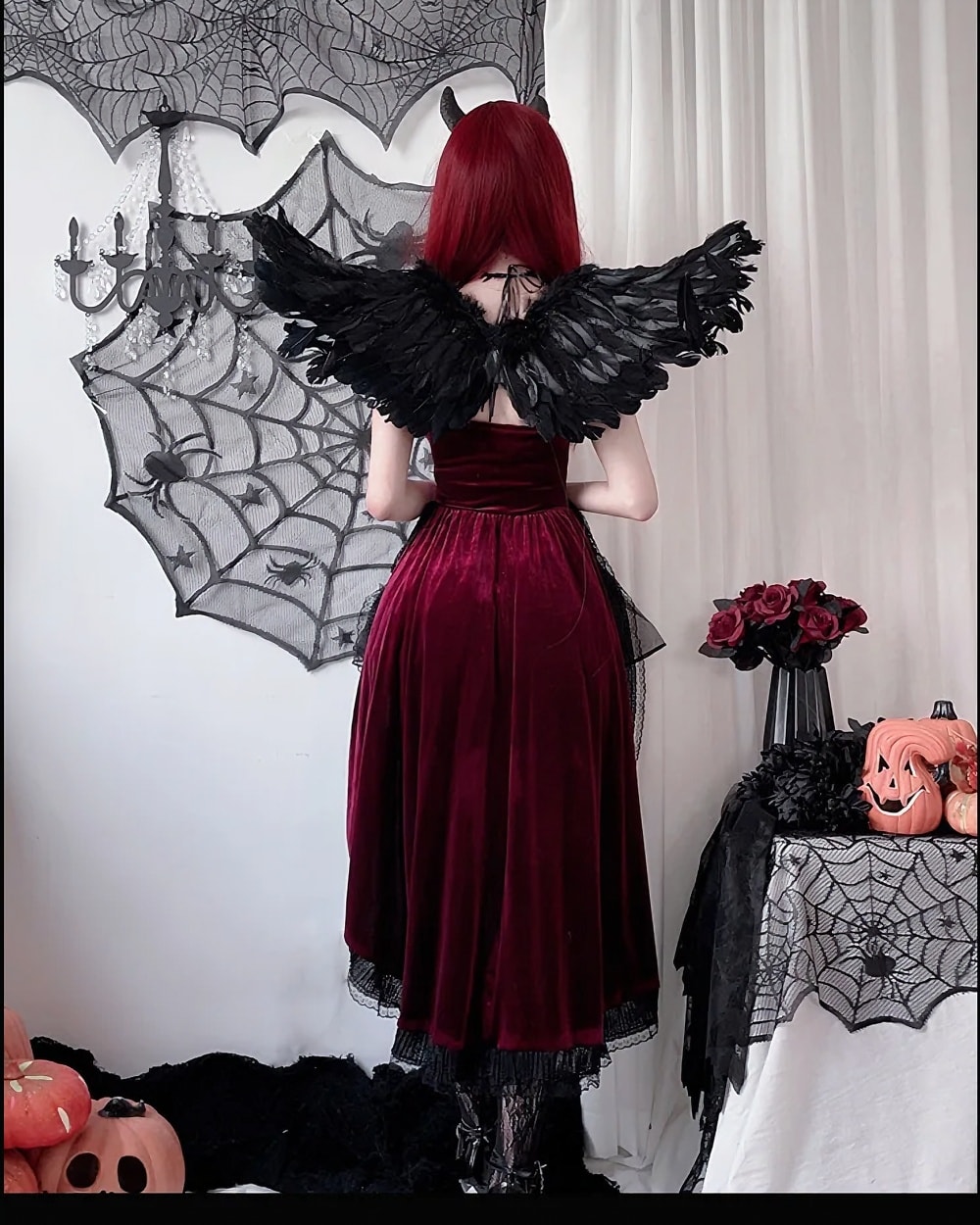 Dark Nun Dress in burgundy velvet, featuring lace trim and a gothic aesthetic. Romantic costume with black cape.