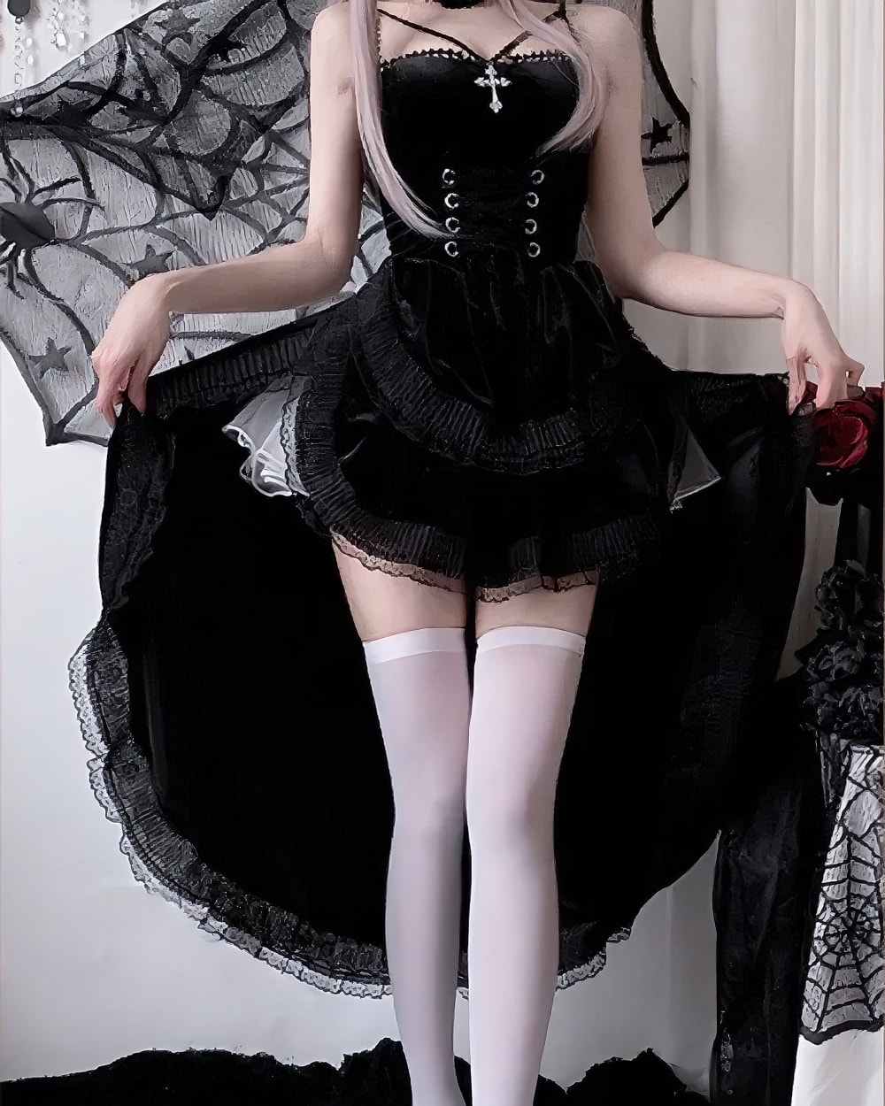 Dark Nun Dress: Black velvet gown with lace details, corset, and white socks.