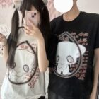 Black Neko Print Matching T-Shirt featuring cute cat character art on a white shirt.