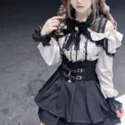 Off-shoulder blouse and skirt set in Jirai Kei Aesthetic style.