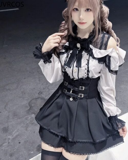 Off-Shoulder Blouse and Skirt Set - Jirai Kei Aesthetic featuring a white blouse and black skirt with lace trim.