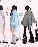 Long Eared Bunny Hoodie featuring a light blue oversized hoodie in a Harajuku aesthetic outfit.