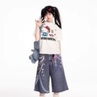 Rainbow Chain Print Y2K Aesthetic Pants featuring a denim wide-leg design with colorful embellishments.
