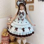 A Frilly Ribbon Dress - Hime Lolita Dress in a light blue and brown color, featuring layered ruffles and bows, worn by a model.