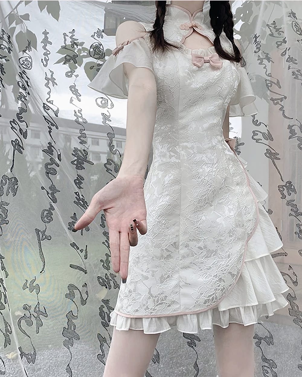 Cheongsam-Style Cute Dress - Qi Lolita product photo 1 White lace Qi Lolita Dress with ruffled layers and a high collar.
