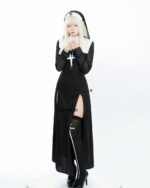 Anime Nun Costume - Halloween Edition, black long-sleeved robe with a white veil and cross, thigh-high socks, and black shoes.