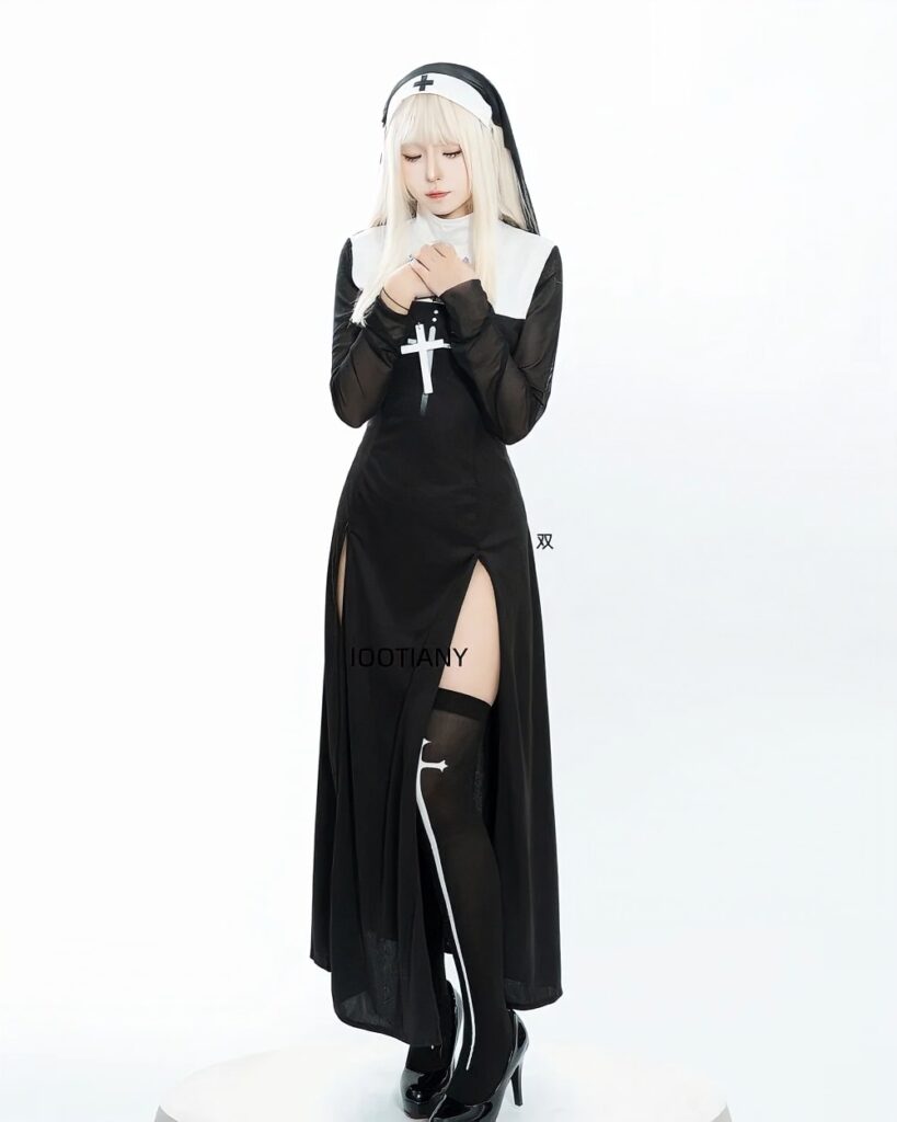 Anime Nun Costume - Halloween Edition, black long-sleeved robe with a white veil and cross, thigh-high socks, and black shoes.