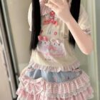 Lolita Skirt Top Set featuring a teddy bear and bunny print, with layered ruffles.