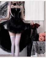 Dark Nun Dress in black velvet with lace details, gothic aesthetic outfit.