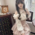 Japanese Ruffled Skirt and Off Shoulder Blouse - Jirai Kei Set, featuring a delicate blouse and layered skirt.