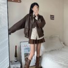Brown Korean Style Jacket worn by a person, preppy aesthetic fashion outfit.