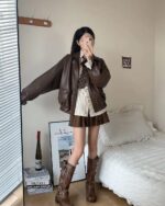 Brown Korean Style Jacket worn by a person, preppy aesthetic fashion outfit.
