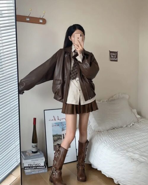 Brown Korean Style Jacket worn by a person, preppy aesthetic fashion outfit.