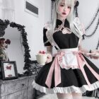 Black and pink Kawaii Maid Dress with frills, worn by a model. Cute cosplay outfit for girls and women.