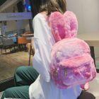 Pink Rabbit Ears Plush Backpack showcasing a soft, furry design and adjustable straps.