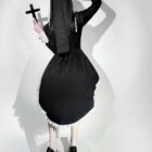 Black Gothic Nun Dress featuring a long veil and lace trim. A gothic aesthetic style.
