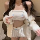 White Sanrio-inspired pajamas with a Kuromi-themed top and shorts.