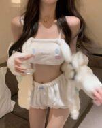 White Sanrio-inspired pajamas with a Kuromi-themed top and shorts.