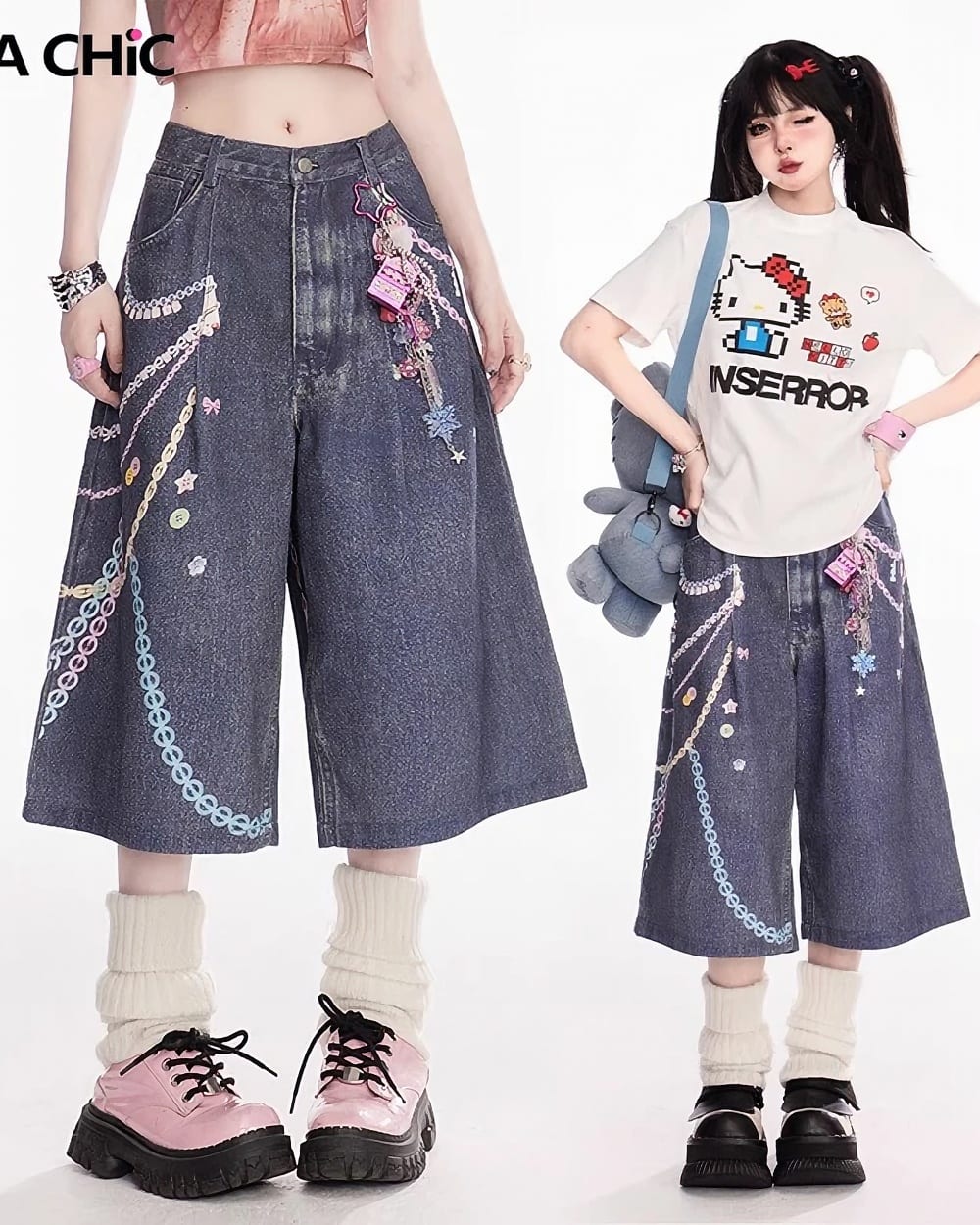 Blue denim Y2K Aesthetic Pants with chain and flower embellishments.