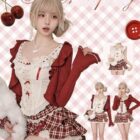 Kawaii Coquette Aesthetic Dress Set: Cream corset and red skirt, perfect for a vintage look.