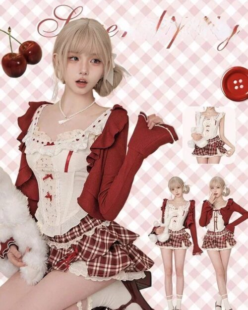 Kawaii Coquette Aesthetic Dress Set: Cream corset and red skirt, perfect for a vintage look.
