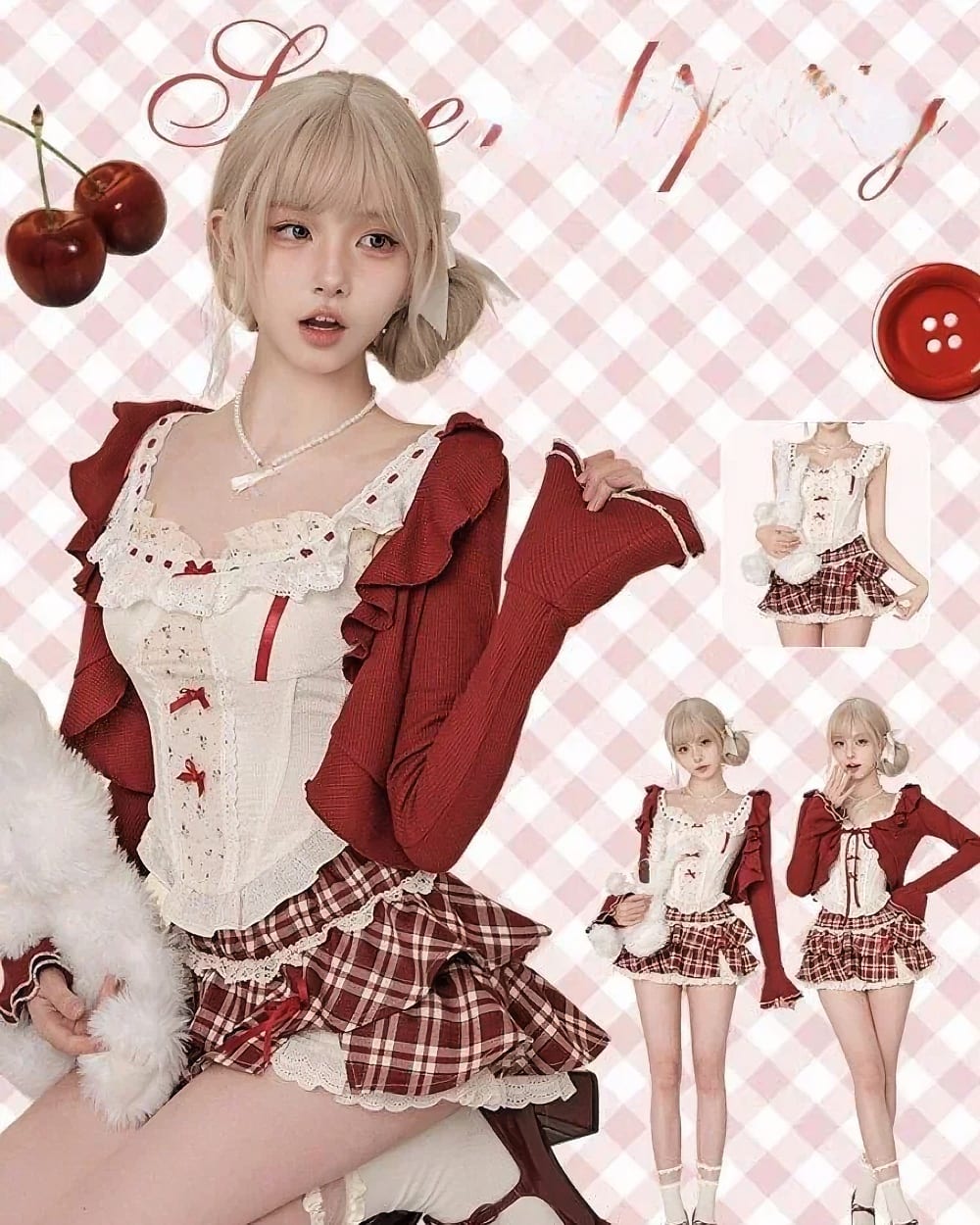 Kawaii Coquette Aesthetic Dress Set: Cream corset and red skirt, perfect for a vintage look.