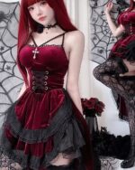 Dark Nun Dress in burgundy velvet with lace details and corset. Romantic goth aesthetic.