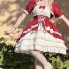 A red and white Hime Lolita Dress Collection with lace details and ruffles.