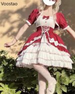 A red and white Hime Lolita Dress Collection with lace details and ruffles.