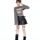 Model wearing a Fairy Grunge Set: gray crop top and black pleated skirt with layered accessories.