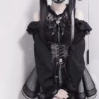 Black Jirai Kei Clothing Set: Top and skirt with lace, ruffles, and corset details.