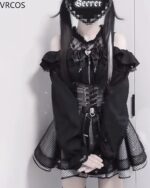 Black Jirai Kei Clothing Set: Top and skirt with lace, ruffles, and corset details.