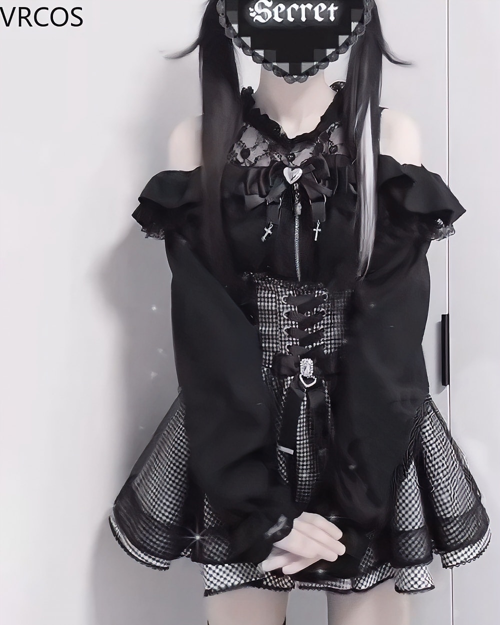 Black Jirai Kei Clothing Set: Top and skirt with lace, ruffles, and corset details.