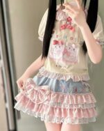 Lolita Skirt Top Set featuring a pink and blue layered design with ruffles.