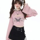 Fairy Grunge Set: Pink sweater top and black skirt with butterfly graphic details.