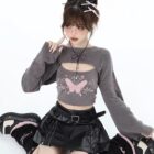 Butterfly Top Two Piece Set - Grunge Aesthetic featuring a gray crop top with butterfly embroidery and a black faux leather skirt.